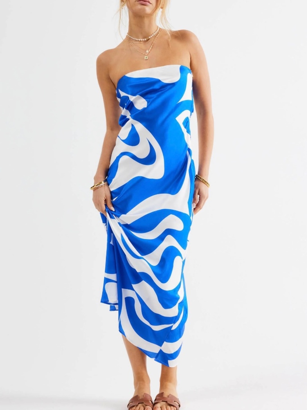 SNDYS x REVOLVE Angel Swirl Blue Satin Strapless Midi Dress Sz XL Beach Vacation